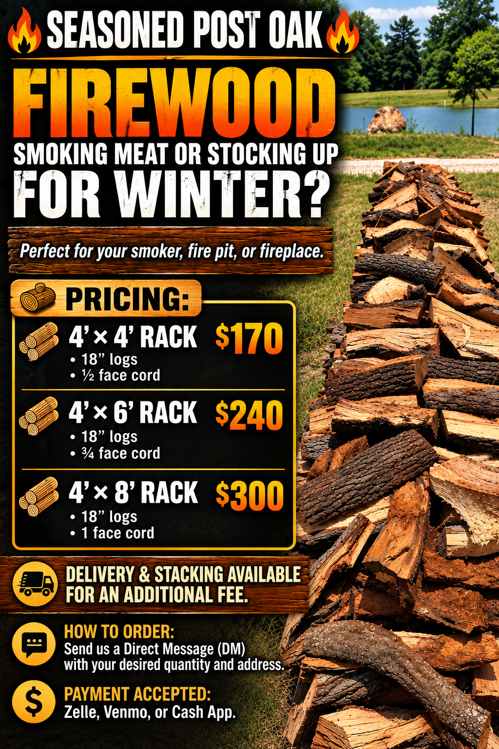 Stacked seasoned post oak firewood